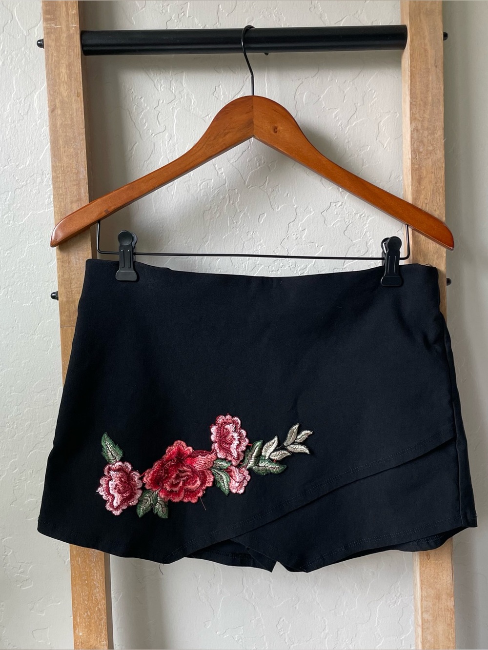 Fashion Nova Black Wrap Skort with Red & Pink Floral Embroidery